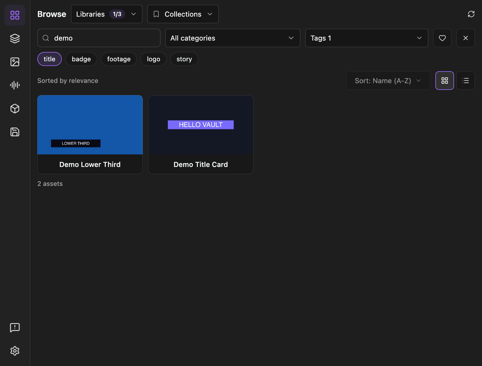 Browse with the word demo typed in search and the title tag selected, narrowing the grid to two assets and showing Sorted by relevance.