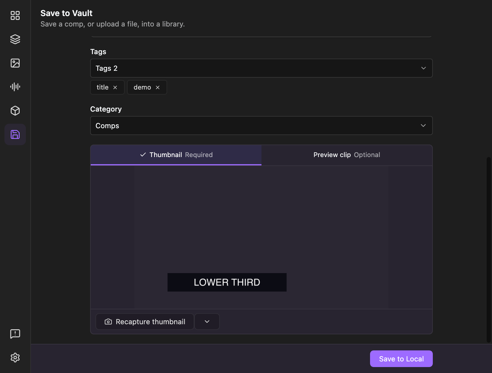 The lower half of the Save page with the Thumbnail tab marked complete, a captured frame of the comp and a Recapture thumbnail button.